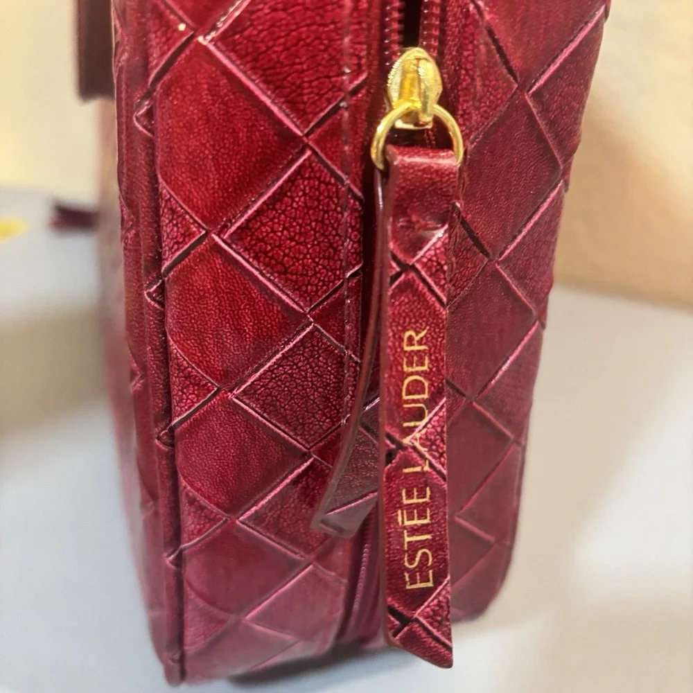 Estée Lauder Cosmetic Makeup Bag Tote Large Red Woven Solid Double Handles